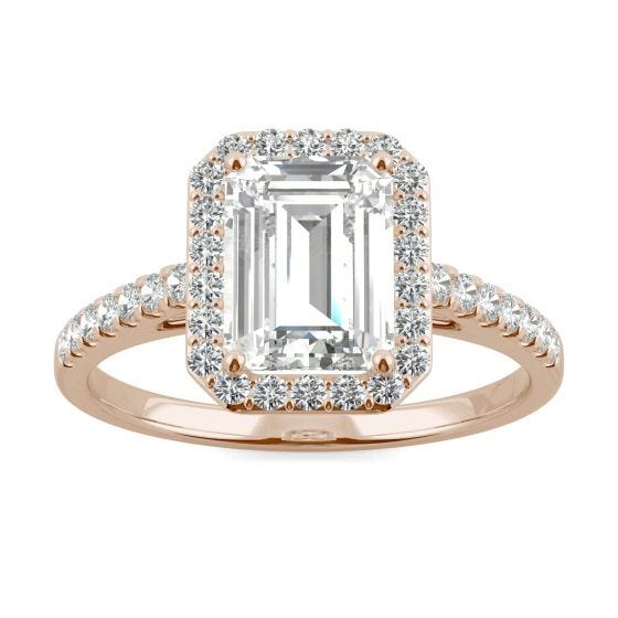 2.04 CTW DEW Emerald Forever One Moissanite Halo with Side Accents Engagement Ring 14K Rose Gold