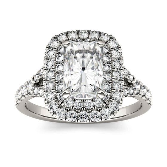 1.17 CTW DEW Radiant Forever One Moissanite Double Halo with Side Accents Engagement Ring 14K White Gold