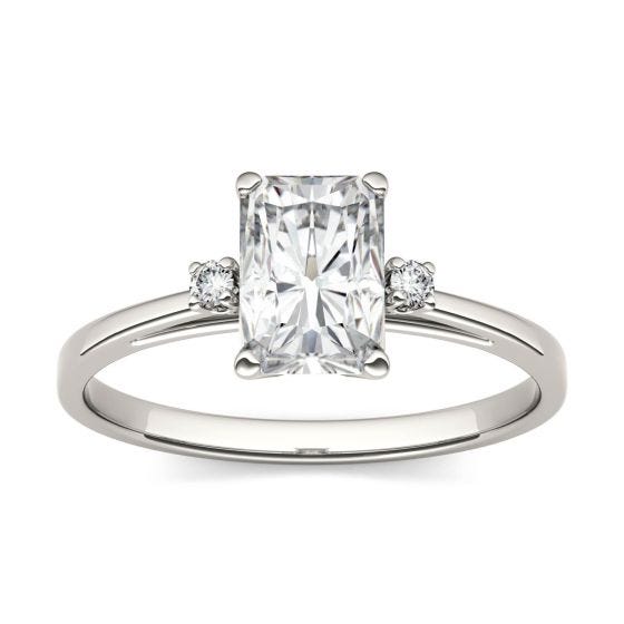 1.24 CTW DEW Radiant Forever One Moissanite Solitaire with Side Accents Engagement Ring 14K White Gold