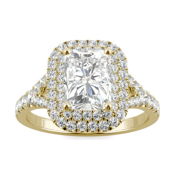 1.70 CTW DEW Radiant Forever One Moissanite Double Halo with Side Accents Engagement Ring 14K Yellow Gold