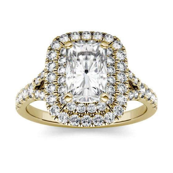 1.17 CTW DEW Radiant Forever One Moissanite Double Halo with Side Accents Engagement Ring 14K Yellow Gold
