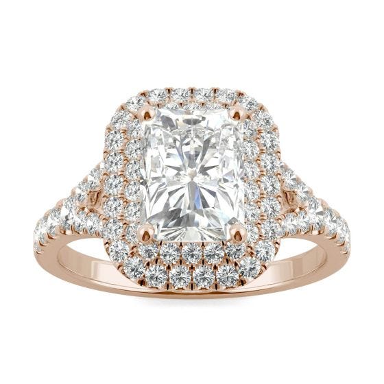 2.32 CTW DEW Radiant Forever One Moissanite Double Halo with Side Accents Engagement Ring 14K Rose Gold