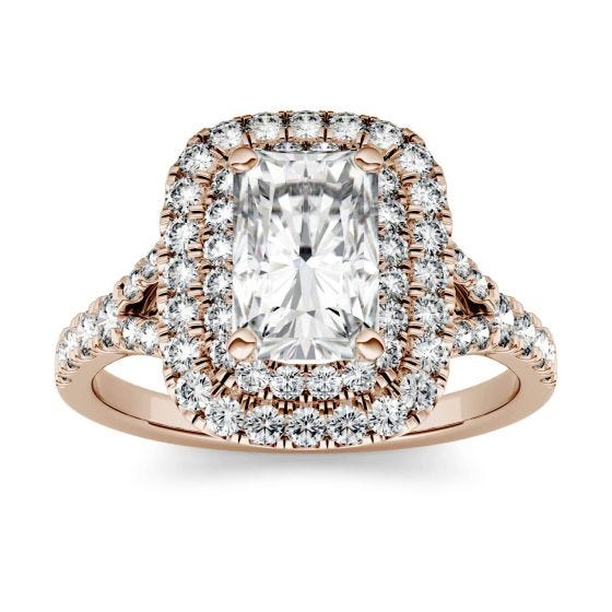 1.17 CTW DEW Radiant Forever One Moissanite Double Halo with Side Accents Engagement Ring 14K Rose Gold