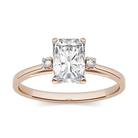 1.24 CTW DEW Radiant Forever One Moissanite Solitaire with Side Accents Engagement Ring 14K Rose Gold