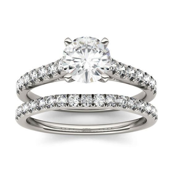 2.11 CTW DEW Round Forever One Moissanite Solitaire with Side Accents Bridal Set Ring 14K White Gold
