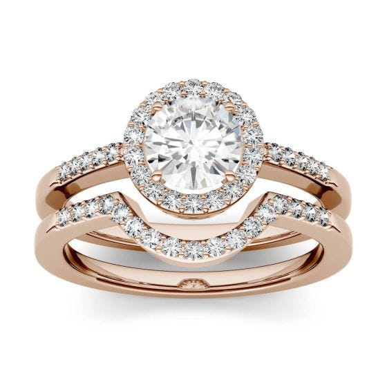 1.15 CTW DEW Round Forever One Moissanite Halo with Side Stone Bridal Set Ring 14K Rose Gold