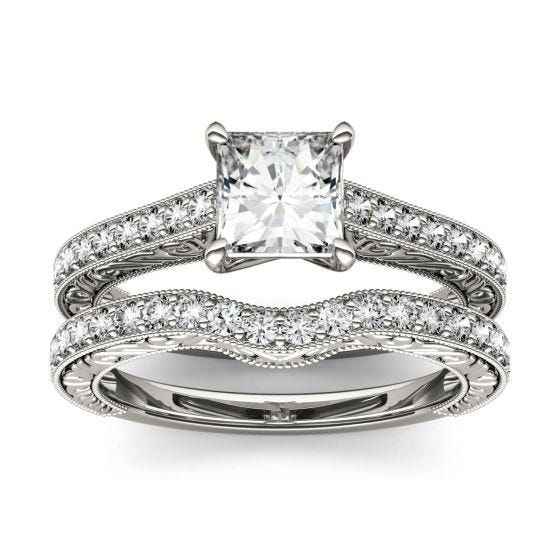 1.51 CTW DEW Square Forever One Moissanite Solitaire with Carved Detail Bridal Set Ring 14K White Gold