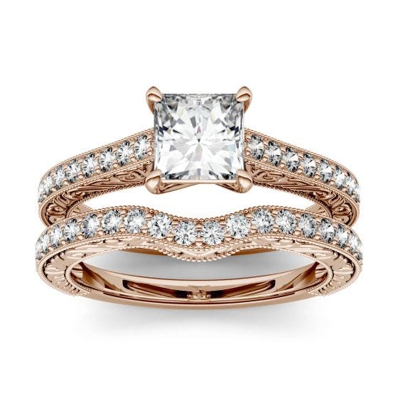 1.51 CTW DEW Square Forever One Moissanite Solitaire with Carved Detail Bridal Set Ring 14K Rose Gold