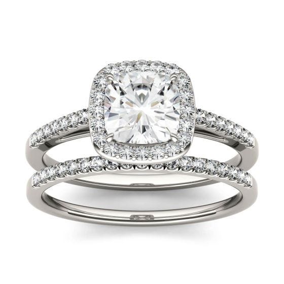 1.46 CTW DEW Cushion Forever One Moissanite Halo with Side Stone Bridal Set Ring 14K White Gold