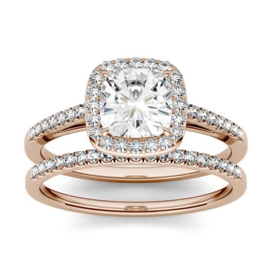1.46 CTW DEW Cushion Forever One Moissanite Halo with Side Stone Bridal Set Ring 14K Rose Gold