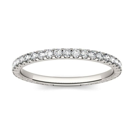 0.28 CTW DEW Round Forever One Moissanite Prong Set Band with Carved Detail Ring 14K White Gold