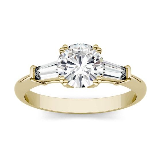 1.41 CTW DEW Round Forever One Moissanite Step Cut Baguette Side Accent Three Stone Engagement Ring 14K Yellow Gold