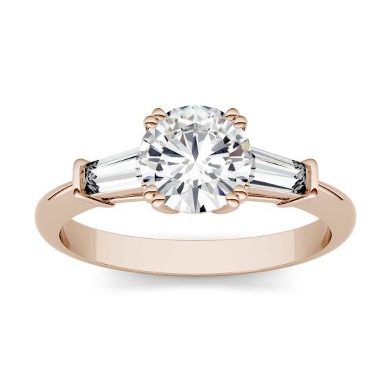 1.41 CTW DEW Round Forever One Moissanite Step Cut Baguette Side Accent Three Stone Engagement Ring 14K Rose Gold