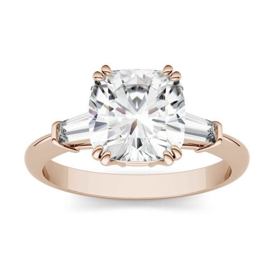 2.77 CTW DEW Cushion Forever One Moissanite Three Stone Engagement Ring 14K Rose Gold