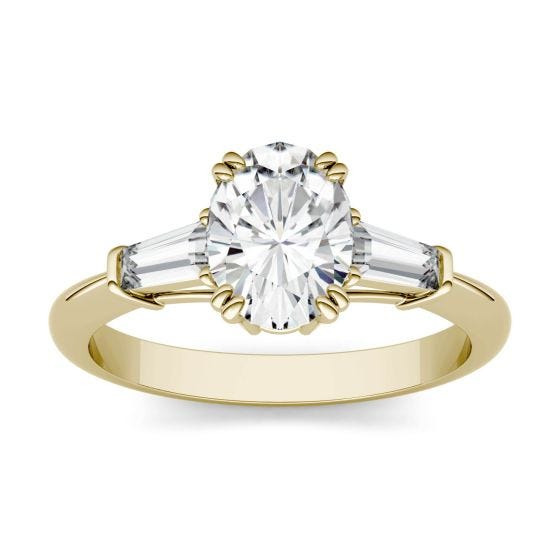 1.87 CTW DEW Oval Forever One Moissanite Three Stone Engagement Ring 14K Yellow Gold