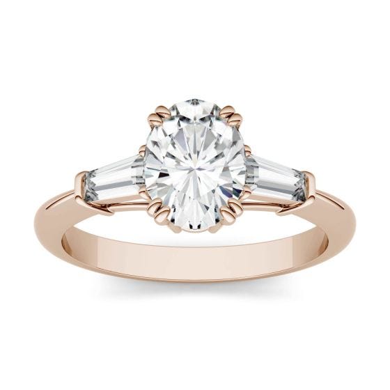 1.87 CTW DEW Oval Forever One Moissanite Three Stone Engagement Ring 14K Rose Gold