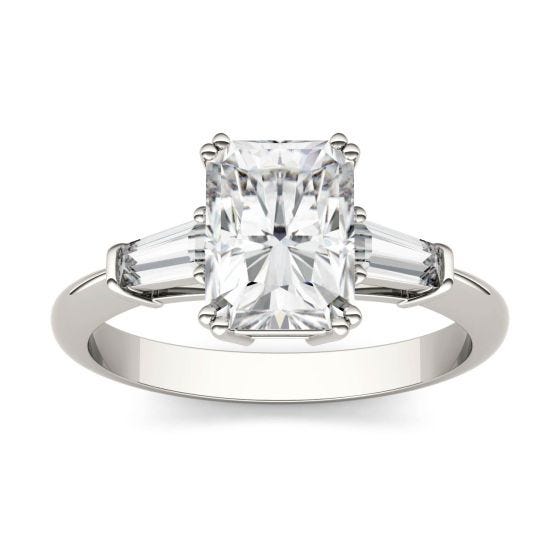 2.12 CTW DEW Radiant Forever One Moissanite Three Stone Engagement Ring Platinum
