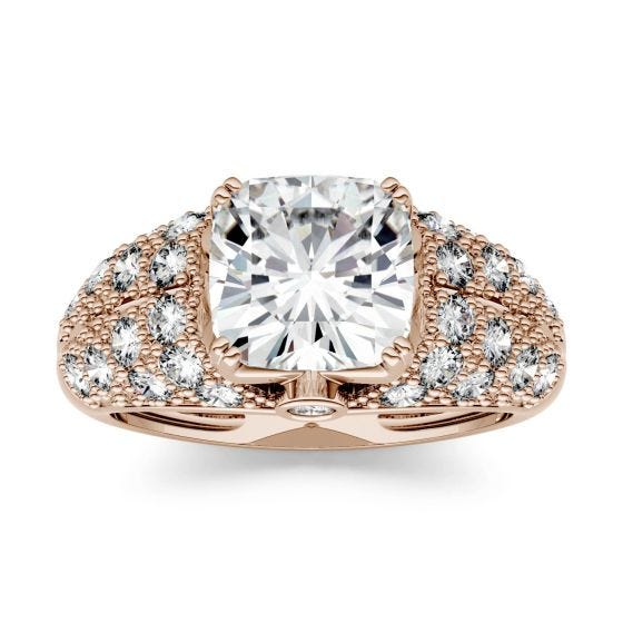 3.30 CTW DEW Cushion Forever One Moissanite Milgrain Solitaire with Side Accents Fashion Ring 14K Rose Gold