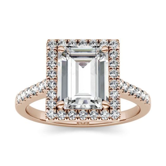 2.97 CTW DEW Emerald Forever One Moissanite Halo with Side Accents Engagement Ring 14K Rose Gold