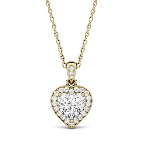 0.95 CTW DEW Heart Forever One Moissanite Bezel Set Halo Pendant Necklace 14K Yellow Gold