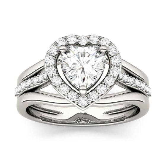 1.21 CTW DEW Heart Forever One Moissanite Split Shank Halo with Side Accents Engagement Ring 14K White Gold