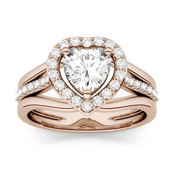 1.21 CTW DEW Heart Forever One Moissanite Split Shank Halo with Side Accents Engagement Ring 14K Rose Gold