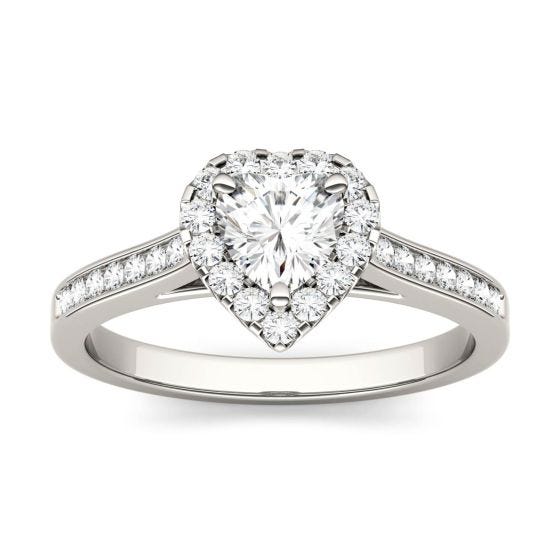 1.15 CTW DEW Heart Forever One Moissanite Halo Engagement with Side Accents Ring 14K White Gold