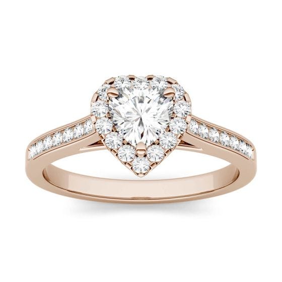 1.15 CTW DEW Heart Forever One Moissanite Halo Engagement with Side Accents Ring 14K Rose Gold