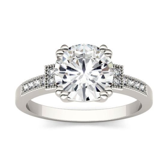 1.96 CTW DEW Round Forever One Moissanite Milgrain Solitaire with Side Accents Ring 14K White Gold