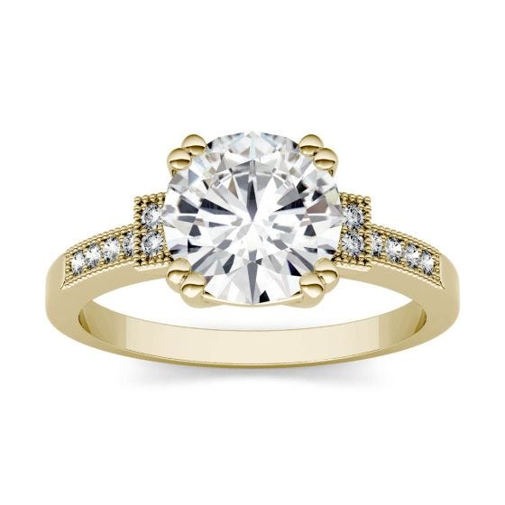 1.96 CTW DEW Round Forever One Moissanite Milgrain Solitaire with Side Accents Ring 14K Yellow Gold