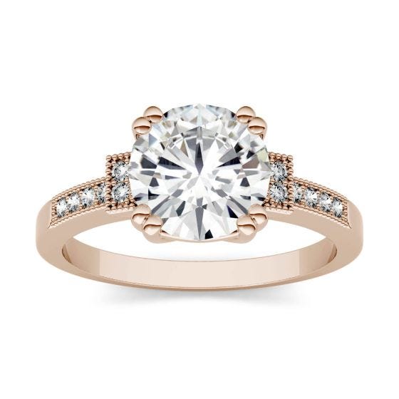 1.96 CTW DEW Round Forever One Moissanite Milgrain Solitaire with Side Accents Ring 14K Rose Gold