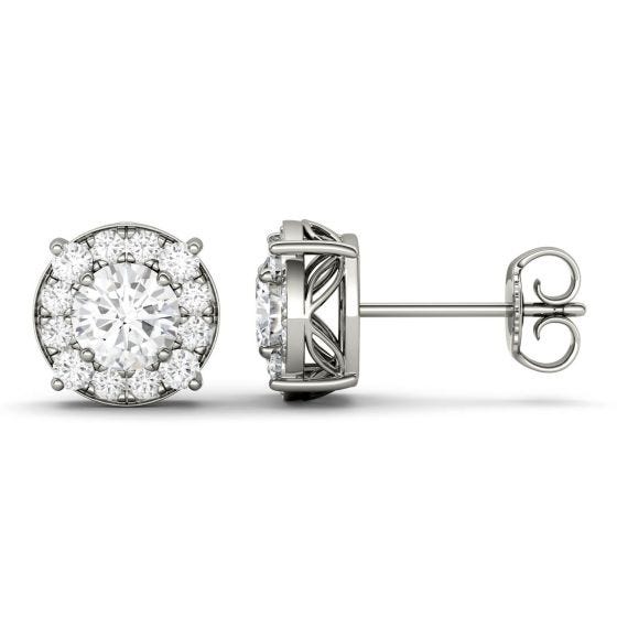 1.32 CTW DEW Round Forever One Moissanite Halo Four Prong Stud Earrings 14K White Gold