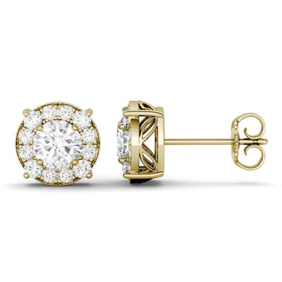 1.32 CTW DEW Round Forever One Moissanite Halo Four Prong Stud Earrings 14K Yellow Gold