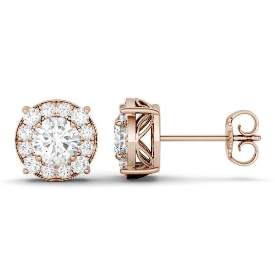 1.32 CTW DEW Round Forever One Moissanite Halo Four Prong Stud Earrings 14K Rose Gold