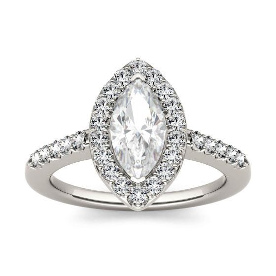 1.36 CTW DEW Marquise Forever One Moissanite Halo with Side Accents Engagement Ring 14K White Gold
