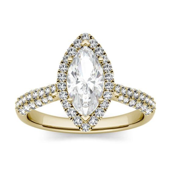 1.48 CTW DEW Marquise Forever One Moissanite Halo with Side Accents Engagement Ring 14K Yellow Gold