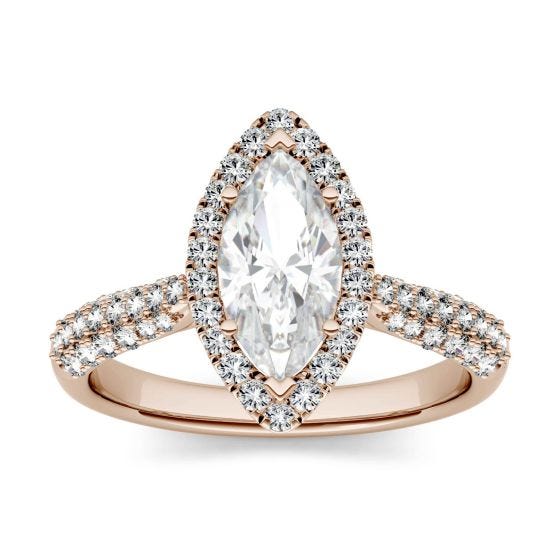 1.48 CTW DEW Marquise Forever One Moissanite Halo with Side Accents Engagement Ring 14K Rose Gold