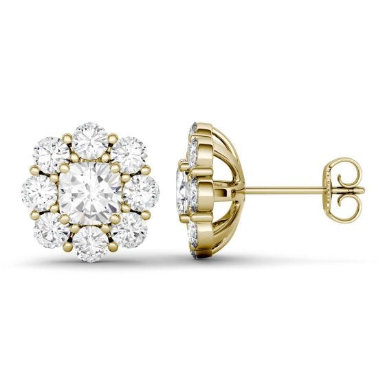3.20 CTW DEW Cushion Forever One Moissanite Floral Stud Earrings 14K Yellow Gold