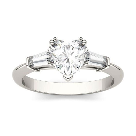 1.37 CTW DEW Heart Forever One Moissanite Step Cut Baguette Side Accent Three Stone Engagement Ring 14K White Gold