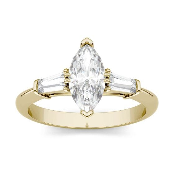 1.37 CTW DEW Marquise Forever One Moissanite Step Cut Baguette Side Accent Three Stone Engagement Ring 14K Yellow Gold