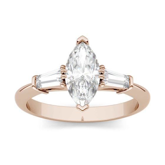 1.37 CTW DEW Marquise Forever One Moissanite Step Cut Baguette Side Accent Three Stone Engagement Ring 14K Rose Gold