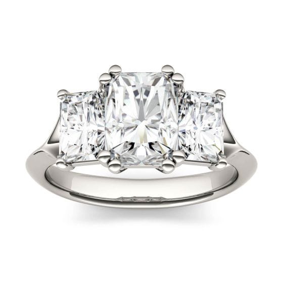 3.20 CTW DEW Radiant Forever One Moissanite Three Stone Engagement Ring 14K White Gold