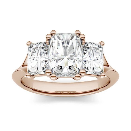 3.20 CTW DEW Radiant Forever One Moissanite Three Stone Engagement Ring 14K Rose Gold