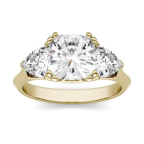 3.00 CTW DEW Cushion Forever One Moissanite Three Stone Engagement Ring 14K Yellow Gold