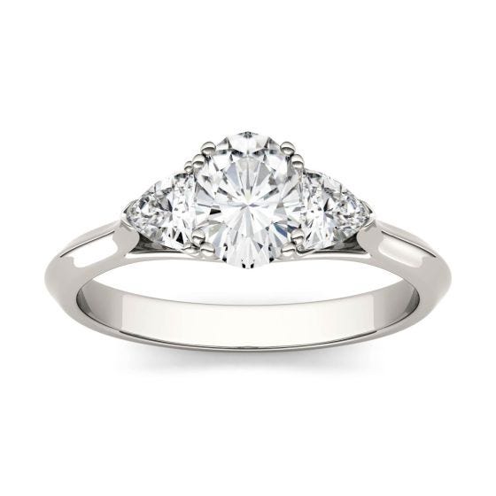0.90 CTW DEW Oval Forever One Moissanite Three Stone Engagement Ring 14K White Gold