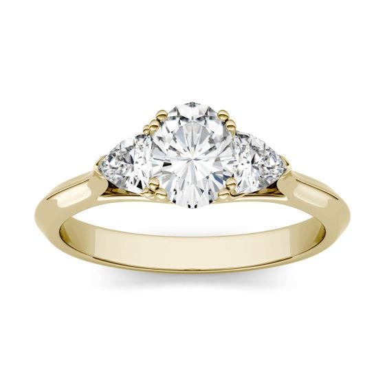 0.90 CTW DEW Oval Forever One Moissanite Three Stone Engagement Ring 14K Yellow Gold