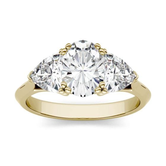 2.90 CTW DEW Oval Forever One Moissanite Three Stone Engagement Ring 14K Yellow Gold