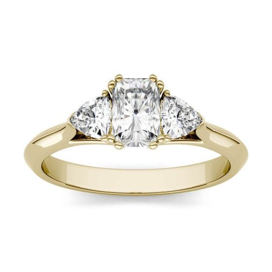 1.10 CTW DEW Radiant Forever One Moissanite Three Stone Engagement Ring 14K Yellow Gold