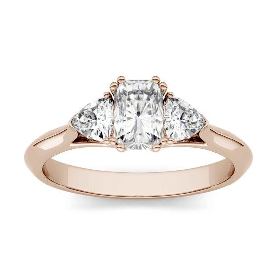 1.10 CTW DEW Radiant Forever One Moissanite Three Stone Engagement Ring 14K Rose Gold