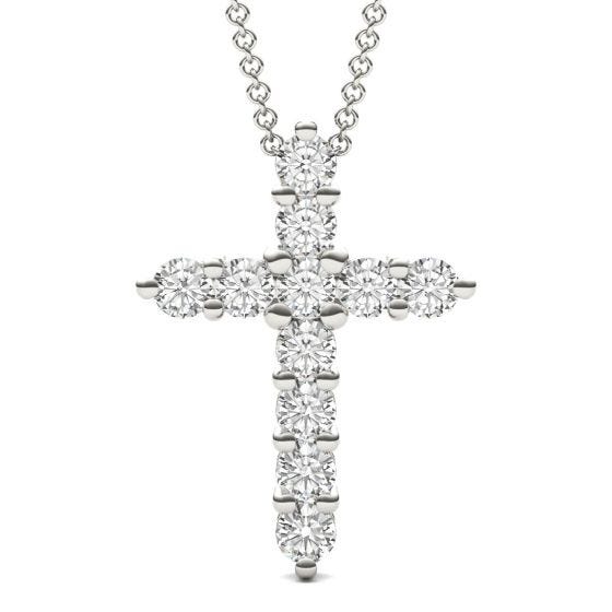 1.10 CTW DEW Round Forever One Moissanite Cross Necklace 14K White Gold